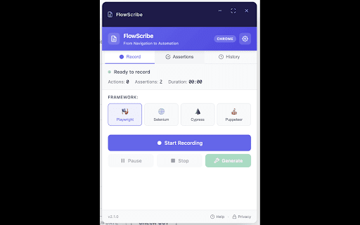FlowScribe - Playwright & Selenium Recorder :: Record browser clicks and generate Playwright, Selenium, Cypress & Puppeteer end-to-end test scripts. No code required.