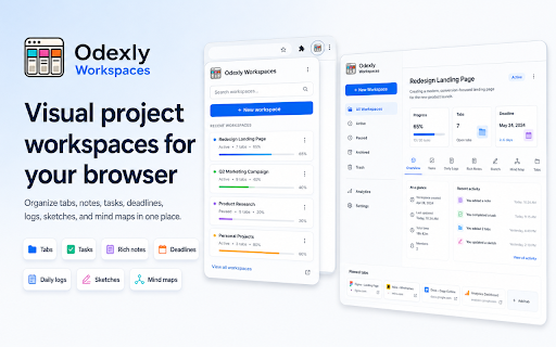 Odexly Workspaces – Visual Project Workspace :: Save tabs, notes, tasks, deadlines, daily logs, canvas sketches, and mind maps inside project workspaces.
