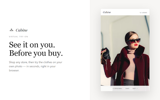 Cabine — Virtual Try-On :: The fitting room in your browser. Try on clothing from any store on your own photos — paste a link or right-click a product.