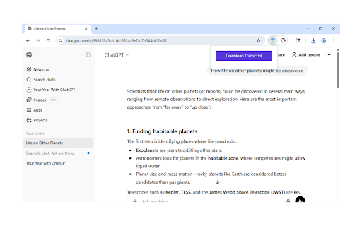 AI Chat Transcript Downloader :: Download ChatGPT & Claude chats as Markdown with timestamps and speaker labels. 100% local, no accounts.
