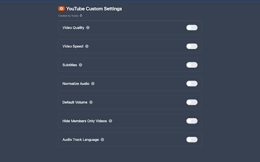 YouTube Custom Settings :: Set default values to YouTube (quality, speed, subtitles, audio), also includes an audio normalizer and members-only video filter.