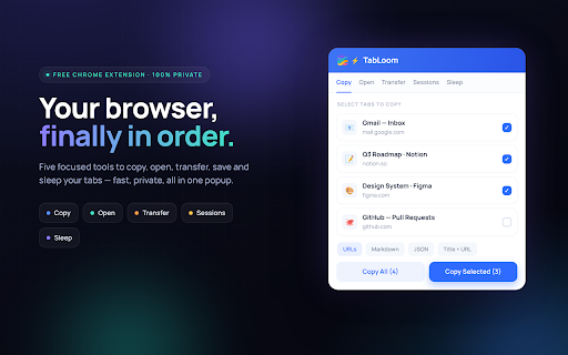 Tabloom: Tab & Session Manager :: Save & restore tab sessions, auto-suspend idle tabs to free RAM, copy or export open tabs, and sync sessions across devices.