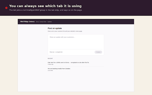 IntelligentWolf :: Lets your IntelligentWolf agents act in your own browser, in tabs you can see, on sites you have allowed.