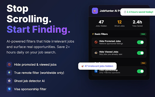 JobHunter AI Pro :: AI job search filters. Hide promoted jobs, find true remote, detect ghost jobs, visa & relocation filters.