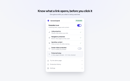 ScreenGuard – Blur Sensitive Info When Screen Sharing :: Blurs emails, card numbers and API keys while you share your screen on Zoom, Meet or Teams, and stops risky links before they open.