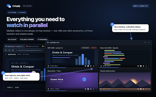 Crispip (PiP Expert) - Multiple Videos In One Picture-in-Picture Window :: Multi-video PiP: one window, 4 layouts, per-video controls, screenshot, 5-hour recording, cinema mode, mute/pause others, history.