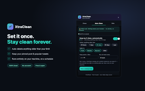 XtraClean — Bulk Delete X / Twitter Activity :: Bulk-delete your X/Twitter posts, replies, reposts, likes & DMs. 100% local — your data never leaves your browser. Free.