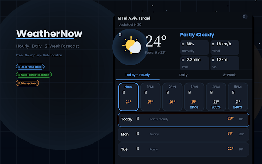 WeatherNow – Hourly & Weekly Forecast :: Live weather animations, air quality index, hourly & weekly forecasts, dark/light mode. Free, no API key needed.