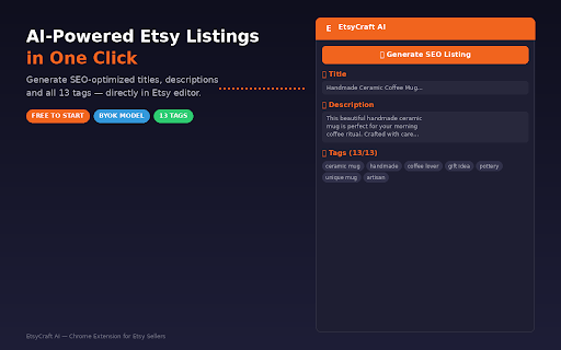 EtsyCraft AI — SEO Listing Generator for Etsy :: Generate SEO-optimized Etsy titles, descriptions & 13 tags with AI. Uses your own OpenAI key.