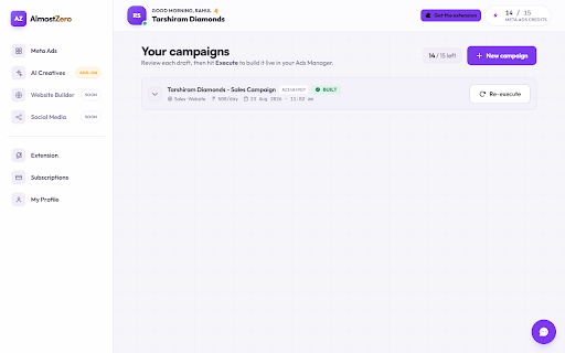 AlmostZero Assistant :: Builds and optimizes your Meta ad campaigns inside Ads Manager, straight from your AlmostZero dashboard.