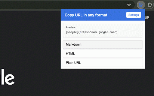 Copy URL in any format :: Copy URLs in various formats like Markdown, HTML, or custom templates