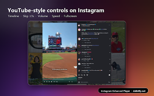 Instagram Enhanced Player :: YouTube-style controls for Instagram videos & Reels: timeline, speed 0.25–2x, volume, skip, fullscreen, shortcuts.