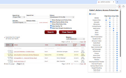 Gabe's Actors Access Extension :: Highlight/show/grey out/hide breakdowns on AA by project type.