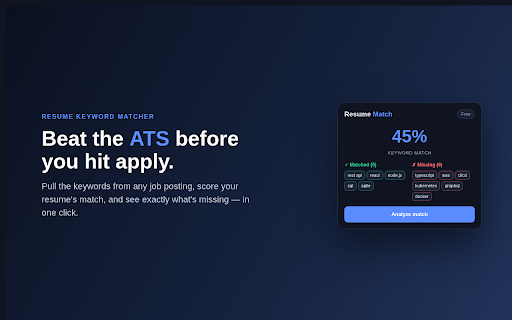Resume Keyword Matcher for ATS :: See how well your resume matches a tech job posting. Pulls the job's keywords, scores your match, and shows what's missing.