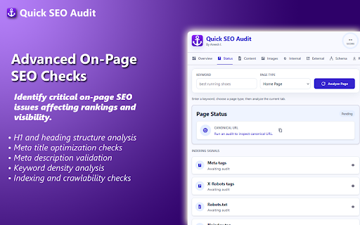 Quick Onpage SEO Checkup :: Audit the currently opened page for keyword coverage, headings, schema, word count, and an SEO score.