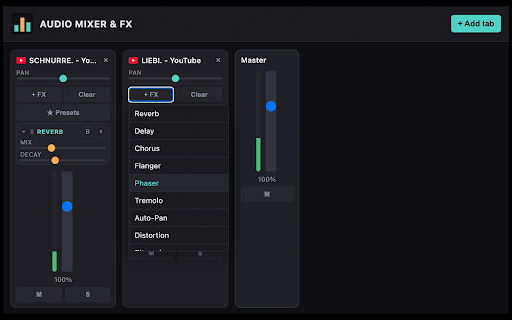 Browser Audio Mixer & FX :: Capture audio from multiple open tabs and mix them on a channel-strip board, like in your DAW