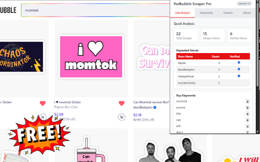 Redbubble Scraper Pro :: Advanced analysis and data extraction for Redbubble search results and stores.