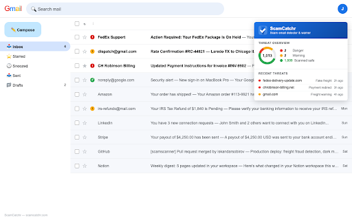 ScamCatchr :: AI-powered Gmail scam detector for phishing, impersonation, freight fraud, fake delivery notices, and account theft.