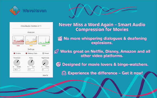 Cine Audio Control :: Balances loud action scenes and quiet dialogue for movies in real time, with intuitive waveform visualization for easy control.