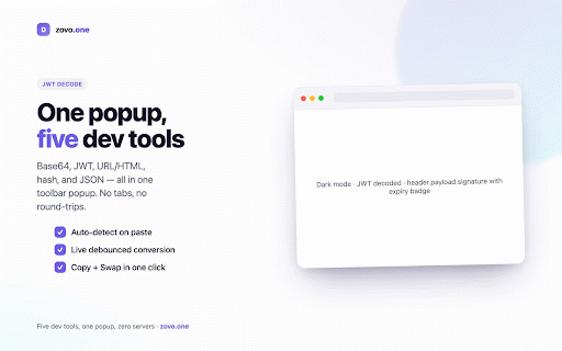 DevBox — Base64, JWT, URL, Hash, JSON :: One popup, five offline dev tools. Base64, JWT, URL, hash and JSON. Your tokens never leave the browser.
