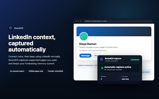 RoundOS LinkedIn Browser Capture :: Saves LinkedIn conversations and profiles you open into your RoundOS fundraising workspace.