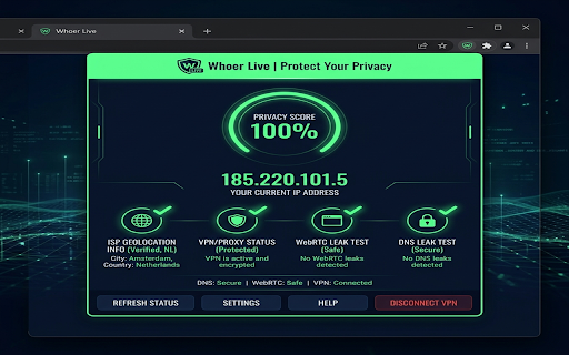 Whoer Live — Real-Time IP & Privacy Score Checker :: Instantly check your IPv4/IPv6 address, location, ISP, WebRTC leak status, and connection privacy score in one click.