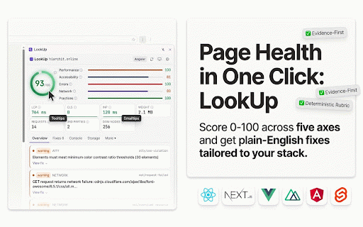LookUp — Page Health Scanner :: Score any page 0-100, see what's broken with evidence, and get plain-English fixes. 100% on-device. Free.