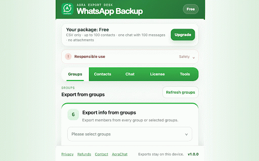 Aora WhatsApp Backup :: Back up your own WhatsApp Web contacts and chats to CSV, Excel, VCard, JSON, or PDF.