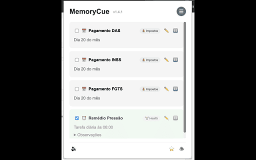 MemoryCue :: Gerenciador de tarefas recorrentes e lembretes pontuais
