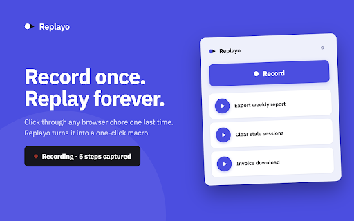 Replayo: Macro Recorder & Web Automation :: Free macro recorder & no-code browser automation. Record clicks, typing and form fills on any site, then replay or schedule them.