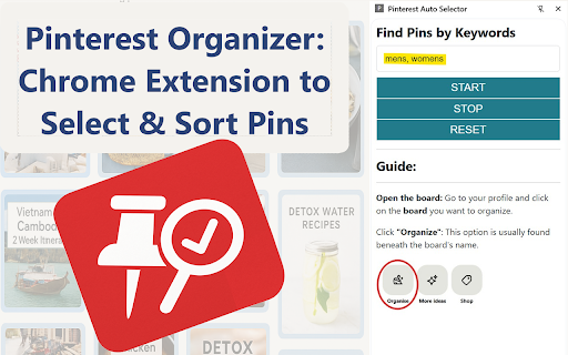 Pinterest Pins Organizer :: Find and Select Pinterest Pins based on keyword.