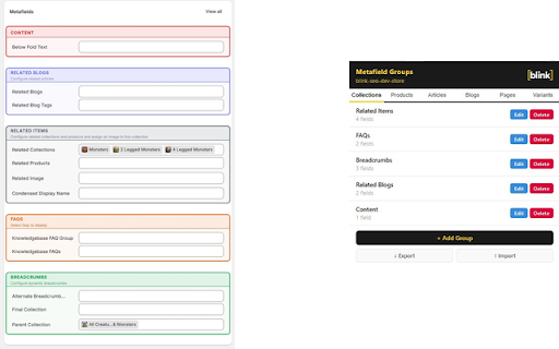 Shopify Metafield Groups :: Visually organise metafields in your Shopify admin by grouping related fields together with colour-coded labels.