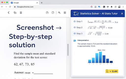 Statistics Solver – AI Stats Tutor :: AI statistics & probability solver. Screenshot or paste questions to get step-by-step solutions, charts, and clear interpretations.