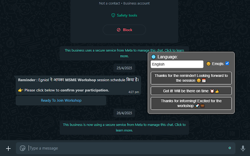 ChatGPT API Smart Replies for WhatsApp :: Generates 3 smart, AI-powered replies for WhatsApp Web messages in multiple languages using the ChatGPT API.