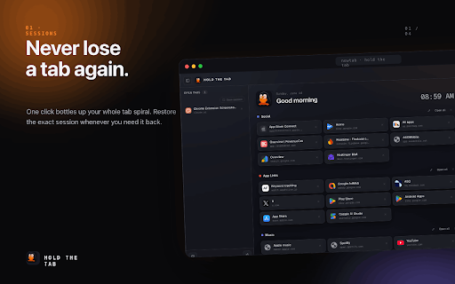 Hold The Tabs - Tab Manager, Spaces, Sessions & New Tab :: Tame tab overload. A tab manager & new tab page with Spaces, drag-to-save collections, dedupe, sessions & tasks. Import from Toby.
