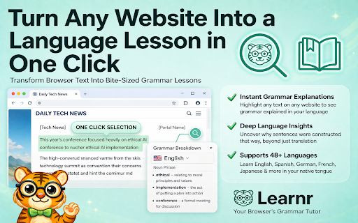 Learnr AI: Language Learning & Grammar Rules Practice on Any Website Today :: Turn any website into a language lesson in one click. Explains grammar rules for your selected text in any language with AI.