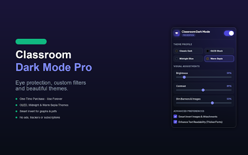 Classroom Dark Mode Pro :: A customizable and elegant dark theme for Google Classroom to protect your eyes.