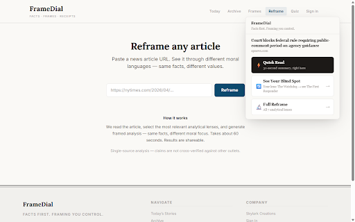 FrameDial :: Quick Read any article in 30 seconds. See your analytical blind spot. Reframe through 7 value-based frames.