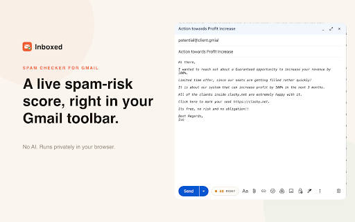 HitSend - Spam Checker for Gmail :: See a live spam-risk score as you write in Gmail. HitSend flags what trips spam filters - with one-click fixes. Private, no AI.