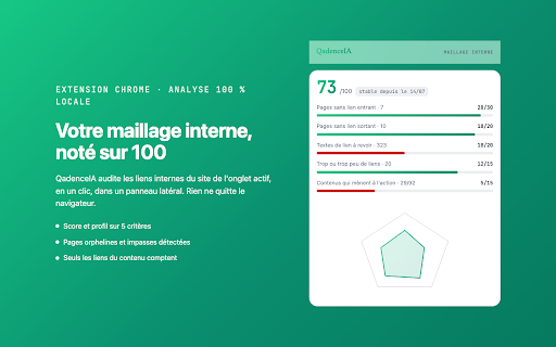 QadenceIA :: Audit du maillage interne du site de l'onglet actif : score, pages orphelines, ancres, plan d'action. 100 % local.