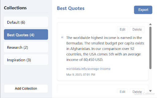 Quote Collector :: Select text on any webpage and save it to a collection of quotes with one click, along with the source URL.