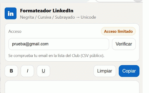 Club de la Venta - Formateador LinkedIn :: Editor con formato Unicode para LinkedIn, preview, detector de ver más e historial local.