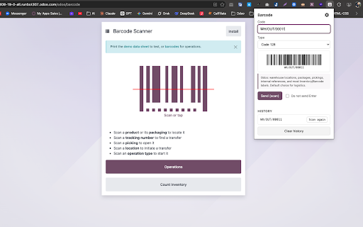 Odoo Barcode Scanner :: Emulate a USB barcode scanner for Odoo Barcode. Live barcode preview by type, history, and quick resend.