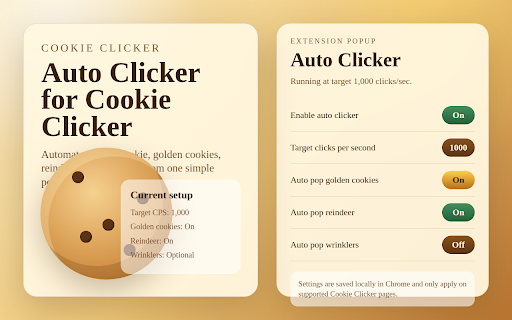 Cookie Clicker Auto Clicker :: A simple and reliable auto clicker for Cookie Clicker with controls for the big cookie, golden cookies, reindeer, and wrinklers.