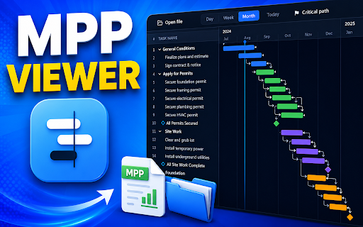MPP Viewer :: View MPP files with MPP Viewer — open any .mpp project plan locally to see the task list, timeline, and full gantt chart. No upload.