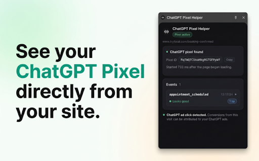 ChatGPT Pixel Helper :: See the ChatGPT Ads (OpenAI) measurement pixel and its events fire on any site, in plain English. Not affiliated with OpenAI.