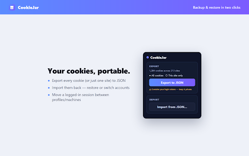 CookieJar — Cookie Backup & Restore :: Back up all your cookies to a JSON file and restore them — for backups, account switching and moving sessions. 100% local.