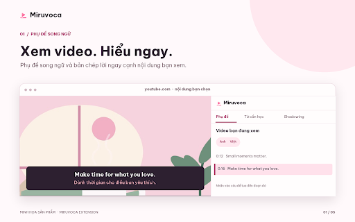 Miruvoca: Học từ vựng qua video, Shadowing & Dictation :: Học ngoại ngữ từ nội dung bạn đang xem: phụ đề song ngữ trên YouTube, từ cần học, luyện nói có AI chấm phát âm.