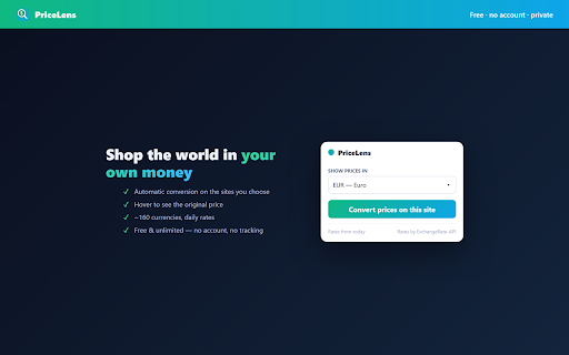 PriceLens — Currency Converter :: Convert prices on any website to your currency. Hover to see the original. Free, unlimited, no account, 100% local.