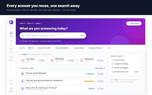 Knackle :: Your answers, one ⌘K away. A private, local answer bank — search, copy and paste your standard replies anywhere.